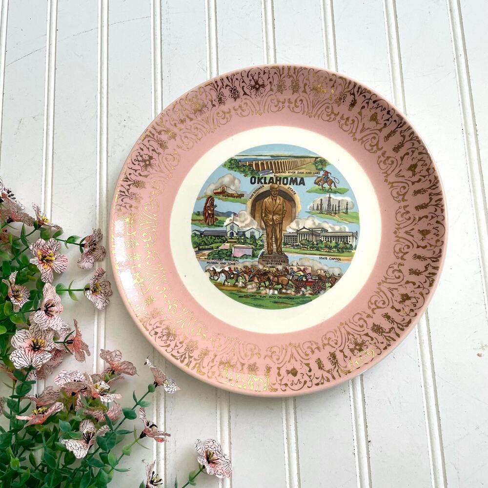 Vintage Souvenir State Plate Hometown Gallery Wall OKLAHOMA Gold Accent Pink Rim